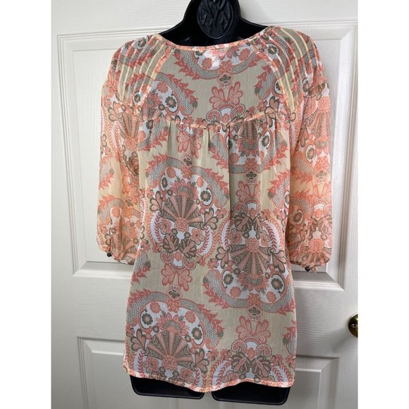 Lauren Conrad Blouse Womens Size Extra Small XS 3/4 Sleeve Peach Sheer Hi Lo Top - Picture 7 of 9